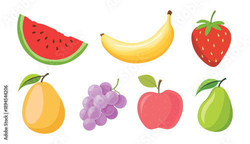 Colorful Flat Fruit Illustration Set With Fresh Healthy Food Icons Isolated