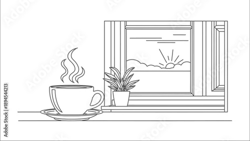 Black and white line art drawing of a steaming hot beverage cup resting near a window overlooking a tranquil sunrise scene with a small potted plant.