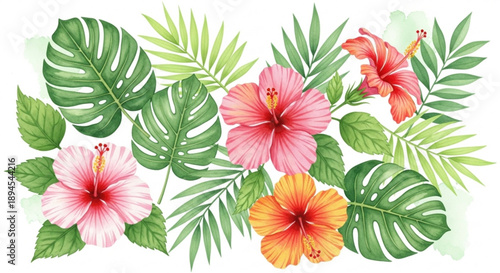 Vibrant tropical leaves and colorful hibiscus flowers arrangement on white background exotic jungle foliage with pink orange blooms