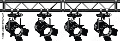 Studio stage lighting rig with four professional spotlights on truss, theatrical event illumination equipment silhouette vector illustration design