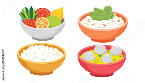 Colorful Cartoon Rice Bowl Set With Vegetables Eggs And Traditional Asian Food Illustration