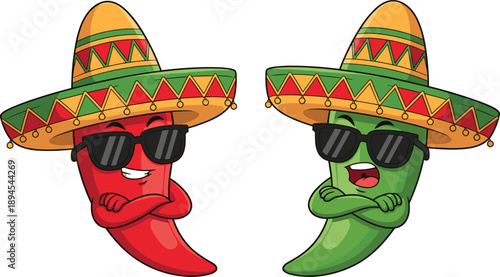 Funny cartoon chili peppers wearing sombreros and sunglasses, colorful Mexican food characters illustration, spicy humor festive design concept