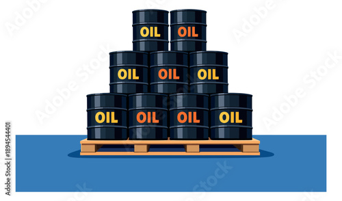 Flat design illustration oil barrels set featuring a stack of black drums on a wooden pallet for the energy industry