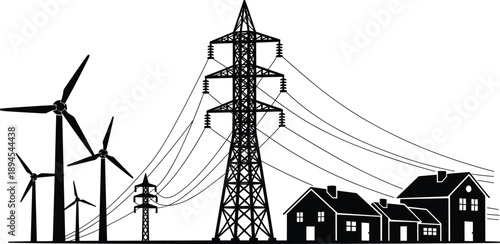 Power transmission tower with wind turbines supplying electricity to suburban homes, renewable energy infrastructure silhouette illustration modern concept clean grid