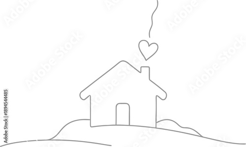 Simple minimalist line art drawing depicting a cozy home situated on a small hill with a plume of smoke shaped like a heart emanating from the chimney.