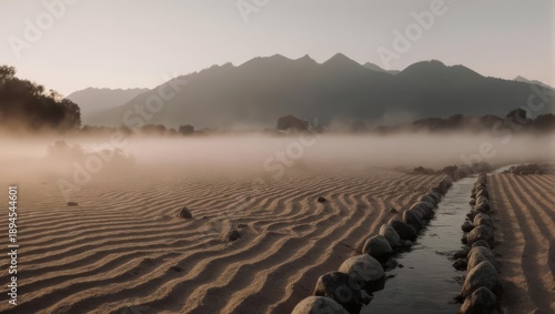 Misty riverbed at dawn, with rippled sand and mountains in the distance