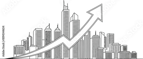 Black and white line art illustration depicting a rising arrow graph superimposed over a stylized metropolitan cityscape symbolizing economic growth and urban development.