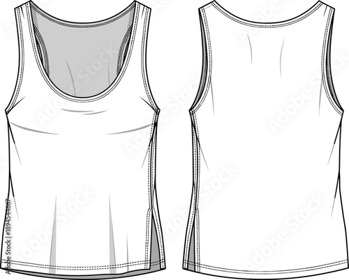 Men tank top technical flat sketch showing front and back views with stitching details, sleeveless apparel fashion design template illustration