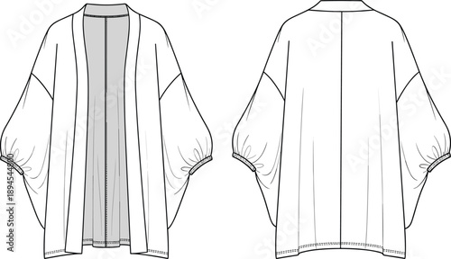 Women kimono cardigan technical flat sketch showing front and back views, loose sleeves, stitching details, fashion apparel design template illustration