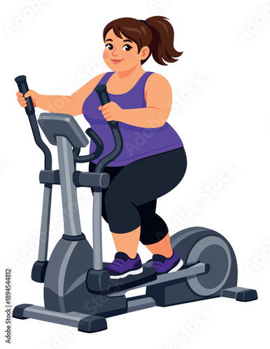 Vector illustration of a plus size woman depicting exercising on an elliptical trainer for health and fitness concepts