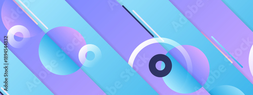 Futuristic design featuring cyan and purple diagonal stripes with floating translucent circles and rings