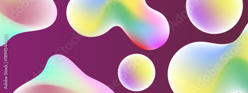 Soft rainbow colored fluid droplets and organic shapes contrasting against a deep burgundy wine colored backdrop