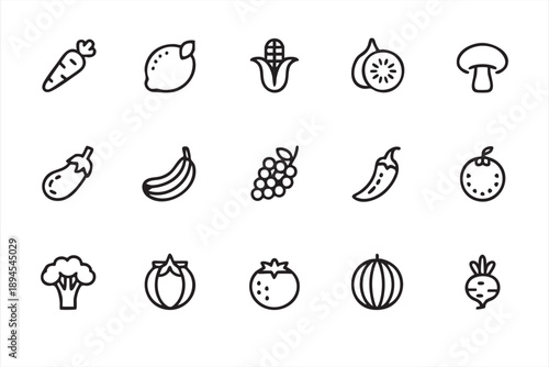 Fruit and Vegetable Line Icons for Grocery Apps, Nutrition Tracking Dashboards