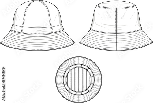 Technical bucket hat flat sketch showing front back and top views, detailed stitching lines, apparel fashion design template illustration