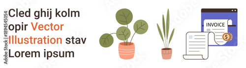 Business documentation, finance management, graphic design, home decor, office workspace, balance. Potted plants next to invoice forms. Finance management and home decor concept