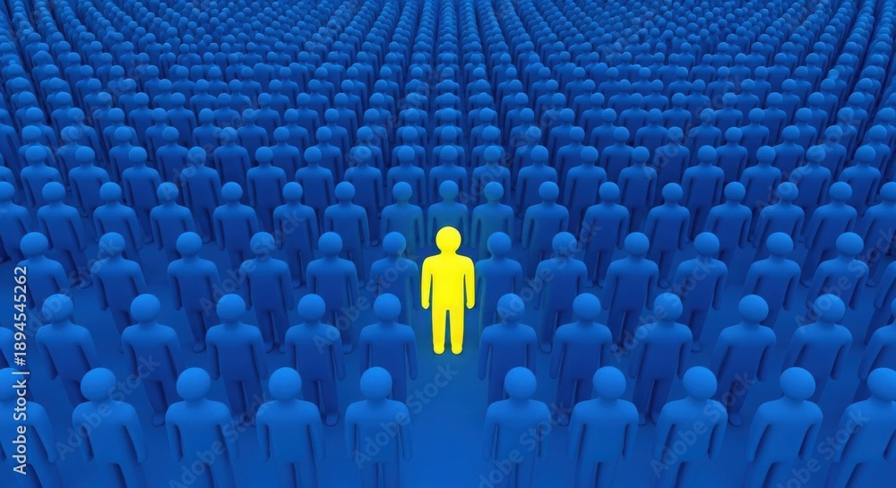 Fototapeta premium Unique individual standing out from crowd of blue figures, symbolizing leadership and distinction in a sea of sameness and uniformity.