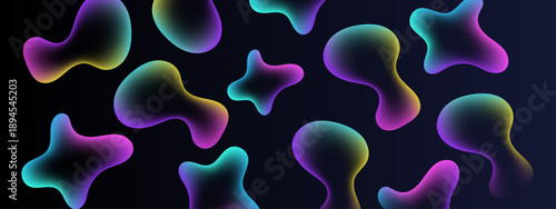 Vibrant neon fluid blobs with purple cyan and yellow glow on a dark minimalist abstract background