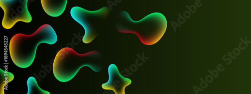 Dynamic composition of translucent fluid blobs with neon rainbow gradients on a black backdrop
