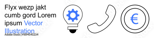 Business, communication, technology, innovation, finance, currency. Line icons of a lightbulb with a gear, a phone receiver and Euro symbol. Business and communication concept