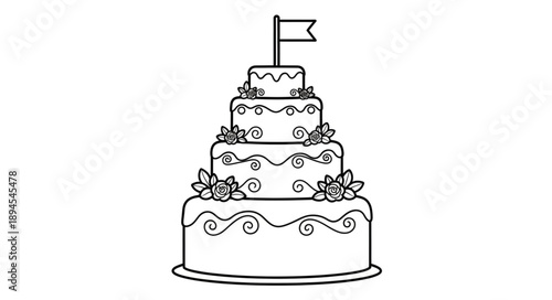 Wedding cake illustration with four tiers and flag topper.