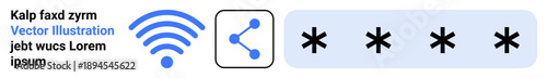 Cybersecurity, data sharing, online privacy, secure connections, digital communication, network security. wireless symbol, share icon and a password field with asterisks. Cybersecurity and online