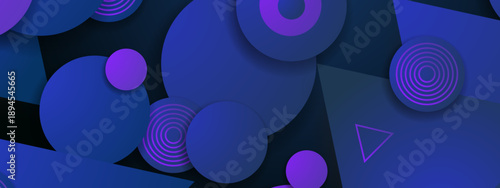 High quality abstract background featuring deep blue overlapping circles and triangles with thin neon purple concentric ring accents