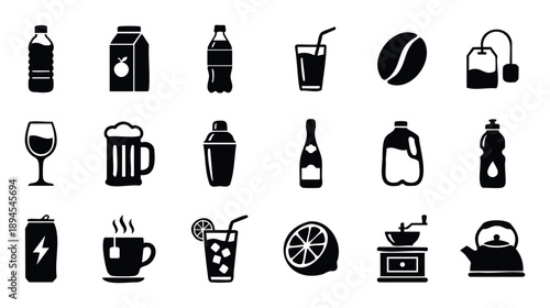 A comprehensive collection of beverage icons featuring various drinks like water, juice, coffee, tea, alcohol, and soft drinks, perfect for menus, websites, and application interfaces.