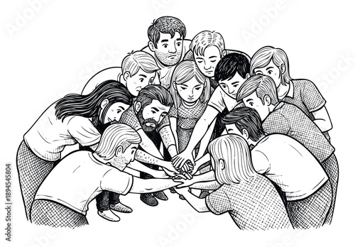 A group of diverse people huddling together with their hands stacked in a gesture of unity and teamwork, ideal for conveying concepts of collaboration, community, and support in various