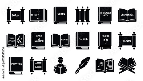 A comprehensive collection of iconic religious texts and spiritual books representing diverse faiths, perfect for educational materials, publishing, and spiritual design resources.