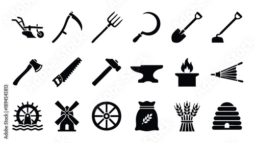 A comprehensive collection of traditional farming and agriculture tools with blacksmithing implements and rural life elements depicted in black silhouettes perfect for vintage themed