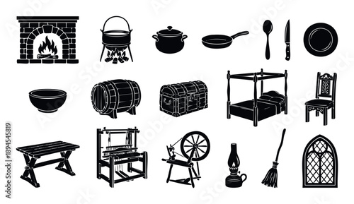 A comprehensive collection of historical household items and traditional tools, perfect for projects depicting ancient life, folklore, and domestic activities of bygone eras.