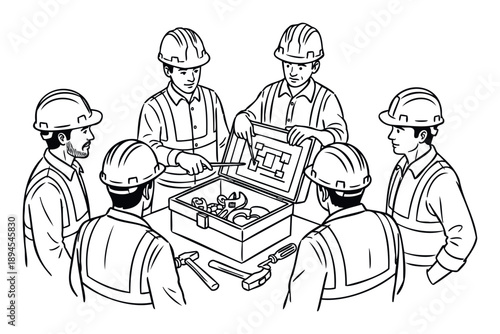Team of construction workers in hard hats discussing project plans and various tools, ideal for vocational training materials, construction industry presentations, and safety workshops.