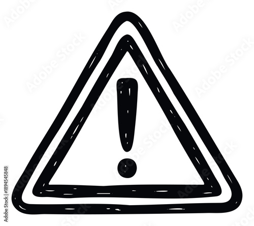 Hand drawn doodle style black triangular warning sign with an exclamation mark symbol conveying caution and important information for safety alerts and hazard notifications