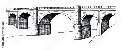 Detailed architectural drawing of an old stone arch bridge with multiple spans, perfect for showcasing historical engineering and infrastructure projects.
