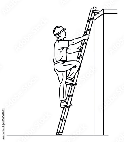 A worker in a hard hat safely ascends an extension ladder placed against a building, representing construction work, maintenance, and safety concepts for industrial or home improvement