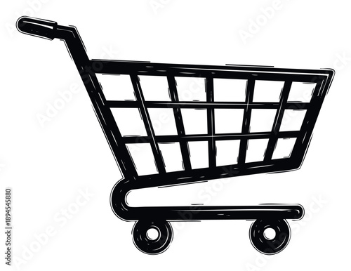 Bold black and white outline drawing of a classic supermarket shopping cart symbolizing retail consumerism and everyday grocery store purchases for various business presentations and web