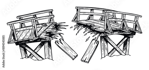 Sketch style broken wooden bridge elements symbolizing collapse, separation, and ruin, excellent for conveying themes of crisis, danger, and difficulty in various media applications.