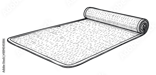 Hand drawn style illustration of a partially unrolled floor mat with a textured surface, perfect for various graphic design projects, health and fitness materials, or outdoor leisure
