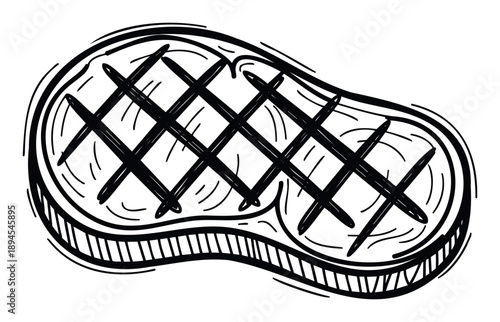 Rough sketch style monochrome meat cut with prominent grill lines perfect for barbecue event posters culinary applications food packaging and restaurant branding