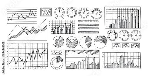 Extensive handdrawn collection of statistical data visualization elements including line graphs, bar charts, pie charts, and gauges, perfect for business analytics, financial reporting, and