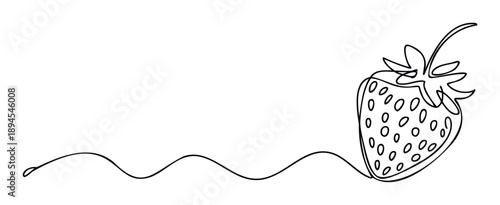A fresh ripe strawberry fruit drawn with a minimalist continuous single black line on a plain surface, perfect for food packaging, healthy eating campaigns, or contemporary graphic projects