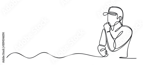 Continuous single line drawing of a pensive person in a cap, suitable for minimalist web graphics, presentation headers, or branding elements.