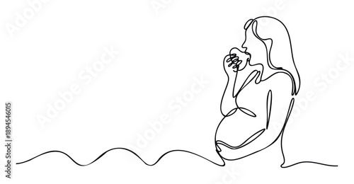 Minimalist continuous line drawing depicting a pregnant woman enjoying an apple, representing healthy eating habits and the journey of motherhood, suitable for health and wellness