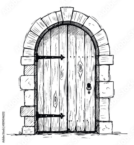 Detailed hand drawn old wooden door in a rustic stone archway provides a charming vintage aesthetic for historical themed designs and storybook illustrations