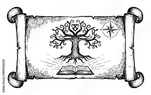 A hand drawn vintage style scroll featuring a majestic tree of life growing from an open book alongside a compass rose, ideal for ancient wisdom or educational themes.