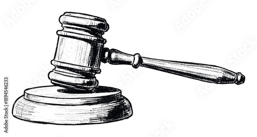 A striking black and white courtroom gavel and sound block drawing symbolizing justice and legal authority perfect for legal services promotion or judiciary educational materials
