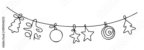 Minimalist Christmas garland line drawing featuring festive tree bauble and star ornaments strung together for holiday season greeting decoration
