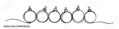 Continuous line drawing of six Christmas baubles, perfect for holiday greetings, festive marketing materials, and seasonal event invitations