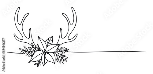 Elegant continuous line art featuring festive reindeer horns and Christmas poinsettia flora, ideal for creating unique winter holiday stationery and promotional graphics.