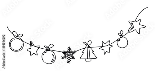 Modern continuous line Christmas garland featuring decorative baubles stars snowflake and tree shapes creating a charming festive border ideal for winter holiday greetings and seasonal